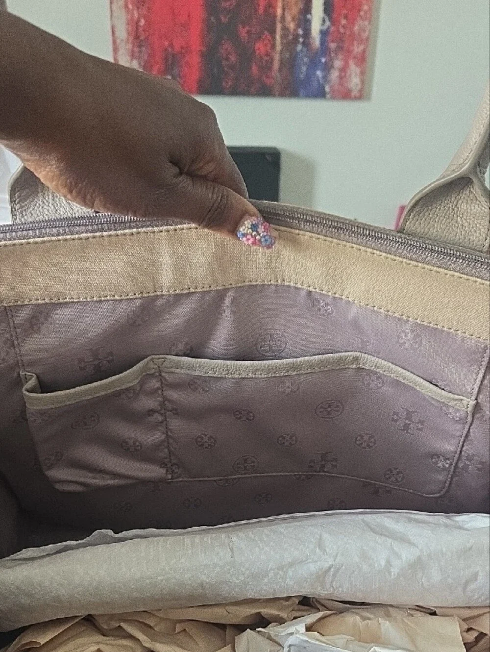 Tory Burch Mauve Beige Tote with Interior Zip Pocket